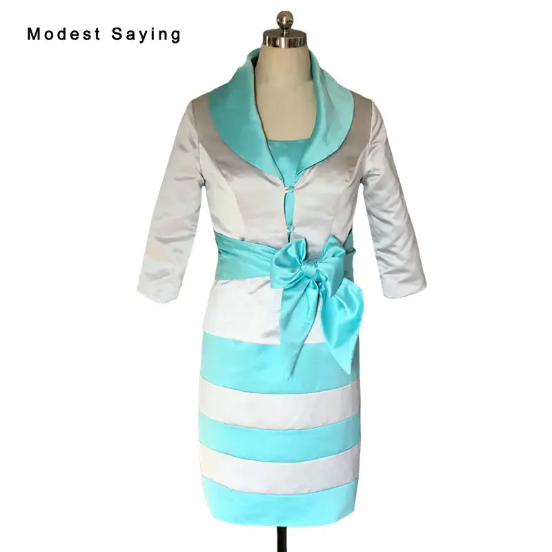 Real Elegant Sheath Tiers 3/4 Sleeve Mother of the Bride Dresses 2017 with Jackets Bow Tie Knee Length Party Prom Gowns JE123 | Свадьбы и