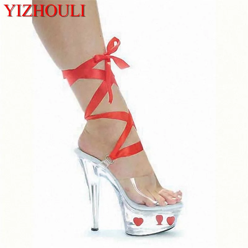 

15cm Sexy around the wrist strap sandals and lovely heart catwalk runway looks slipper bride wedding shoes on sale