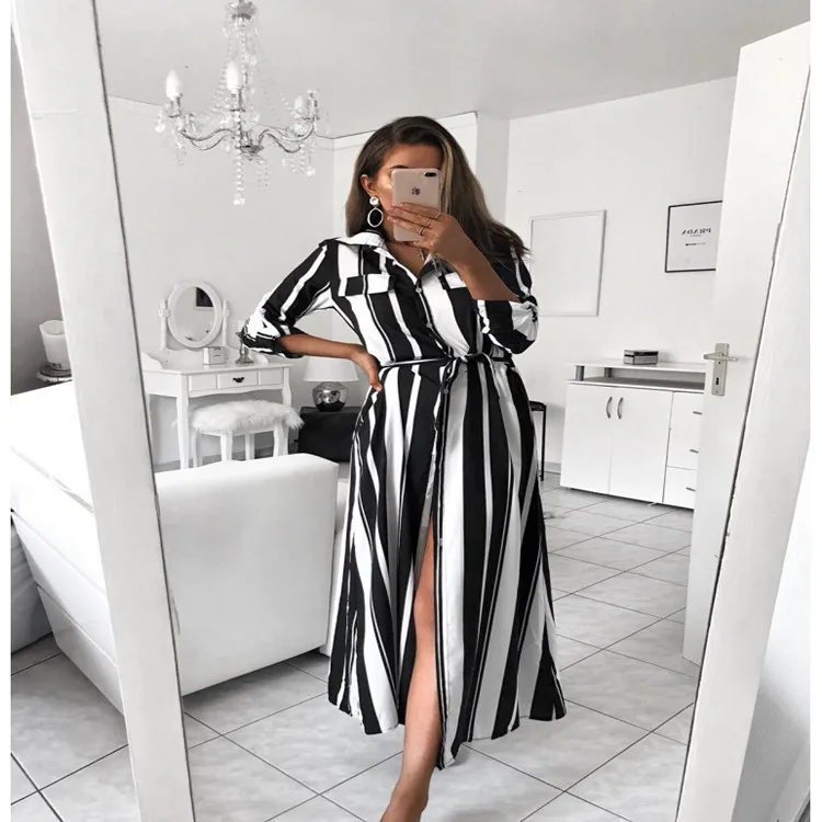 Samgpilee 2019 Office Lady Turn-Down Collar Button Lace Up Long Shirt Dress Women Autumn Spring Sleeve Stripe Maxi Dresses | Женская