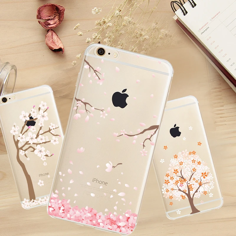 Мягкий прозрачный дерево цветок прекрасные милые телефон обратно кожи case защита