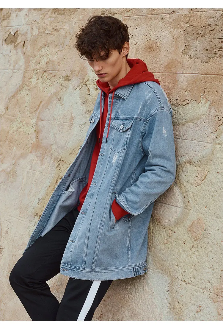 JackJones мужской хлопок средней длины рваные джинсовые пальто Длинная Куртка 219157527