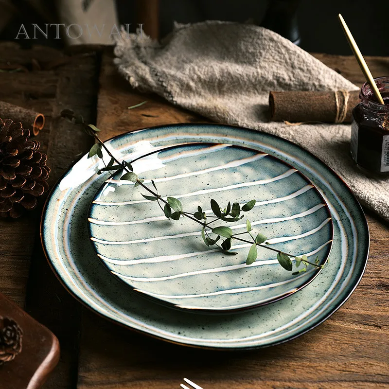 Utensílios de Mesa Antowall Estilo Japonês Casa Prato Bife Placa Ins Ocidental Plana Azul Cinza Listrado Pontos Cerâmica