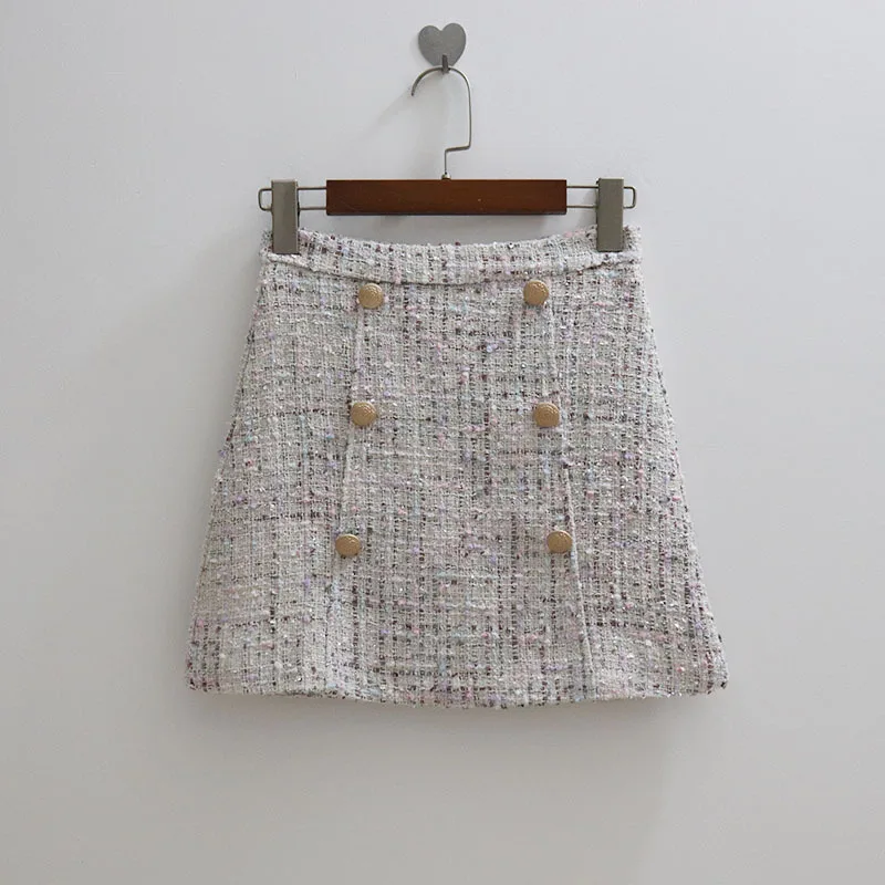 white skirt Neploe, трикотажная Мини-юбка с пайетками, в стиле пэчворк, на пуговицах, в клетку, хит, Женская юбка, осень, новинка, трапециевидная, тонкая, Корейская, модная юбка 68499 - Цвет: white skirt
