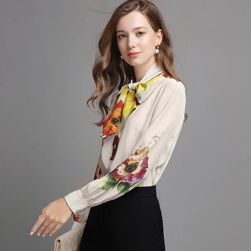 2019 Повседневная Офисная Женская блузка с цветочным принтом 100% Шелковая белая