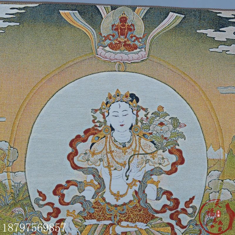 Рождественская парча Thangka шелковая вышивка Будда белый Непал Гуаньинь