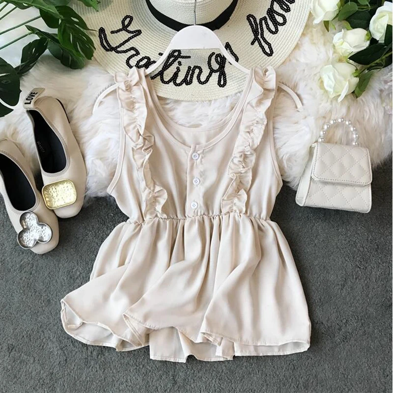 2019 Chiffon vest summer Fashion Leisure loose Shirts sleeveless Elastic waist Round neck Elegant Blouse aa992 | Женская одежда