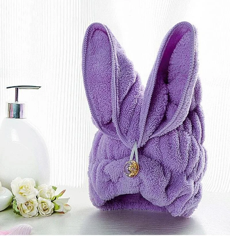 Purple Милые кроличьи уши кораллового бархата сухие волосы шляпа супер абсорбент полотенце сухие волосы повышенное утолщение душ Шапка-тюрбан - Color: Purple