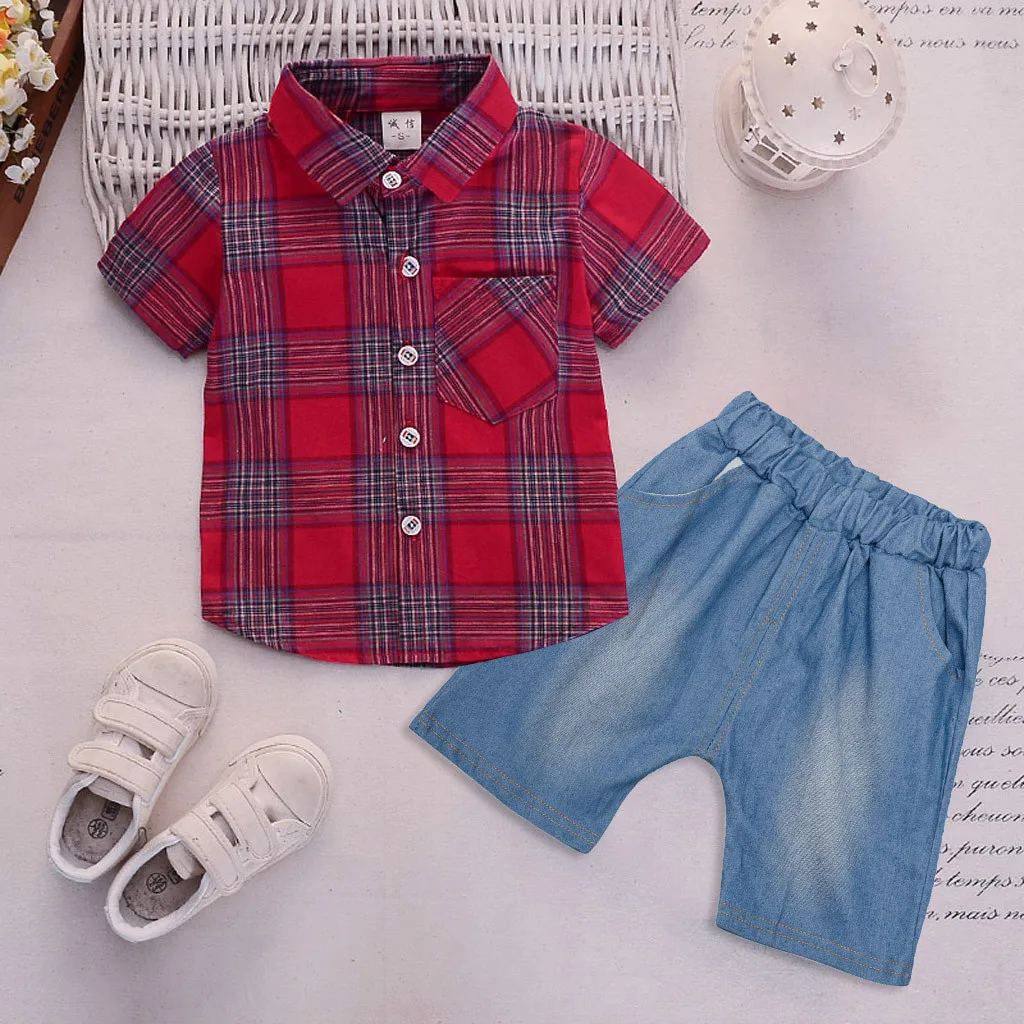 Infant Baby Girl Gentleman Plaid Shirt Print Solid Denim Shorts 2PC Set Outfits children clothing set toddler boy clothes | Детская