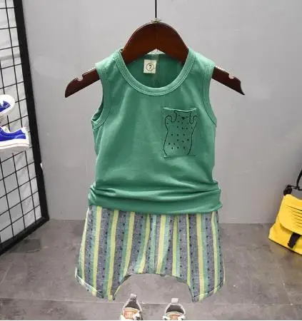 

Children's clothing set boy baby clothing cotton comfortable children's clothing children's sleeveless striped cartoon clothing