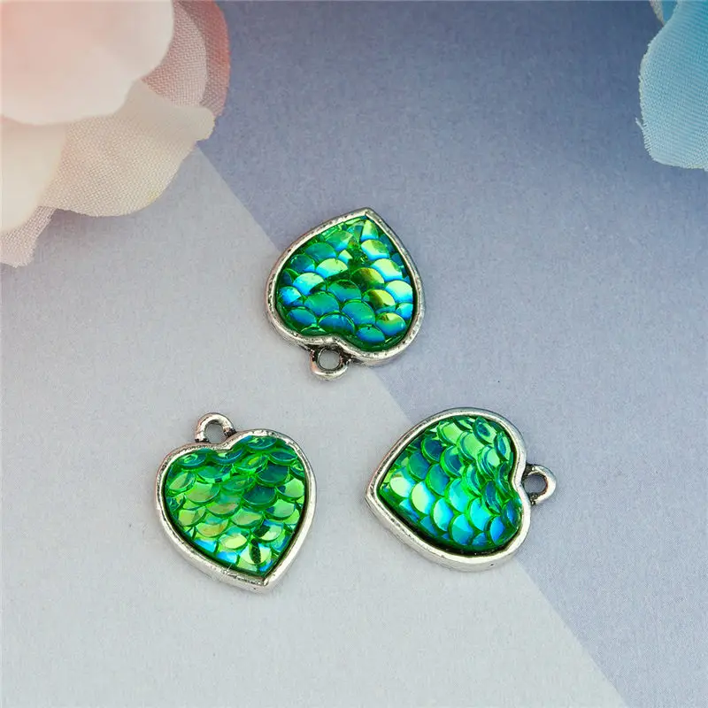 DoreenBeads Drusy Серебрянные украшения в античном стиле подвеска в виде сердца многоцветный рыбы/чешуя дракона 16 мм x 14 мм(5/" x 4/8") 10 шт