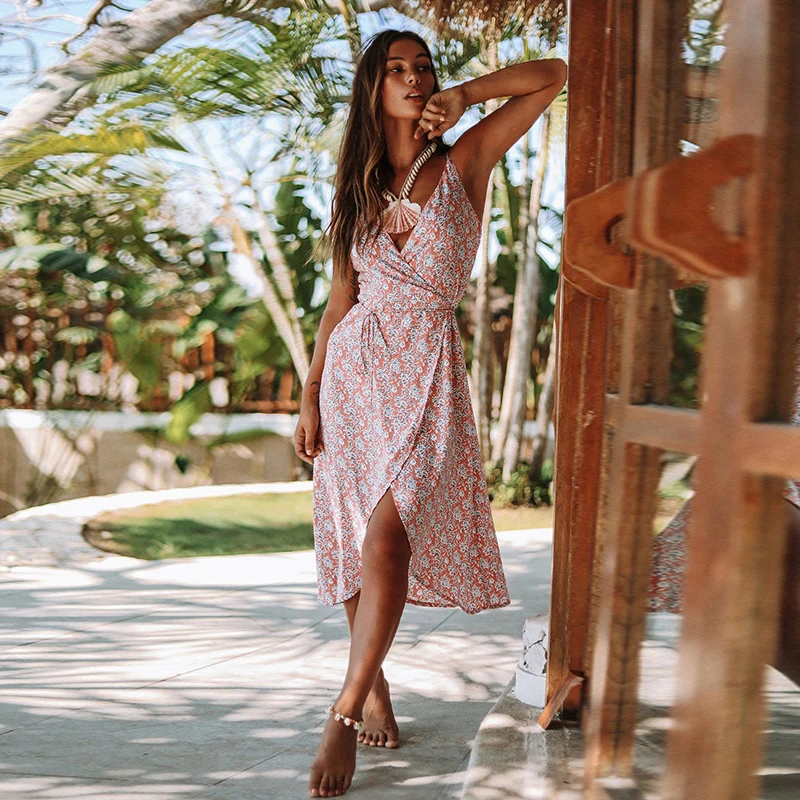 2019 Летние Новые Вечерние модные пляжные платья без рукавов с розовым