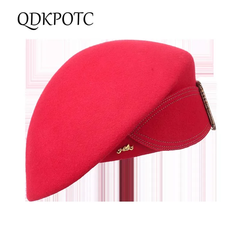 QDKPOTC, новинка, высокое качество, шерсть, фетровые, элегантные, для женщин, берет, шапка, бант, пряжка, фетровая шапка, Осень-зима, вечерние, вечерние шапки