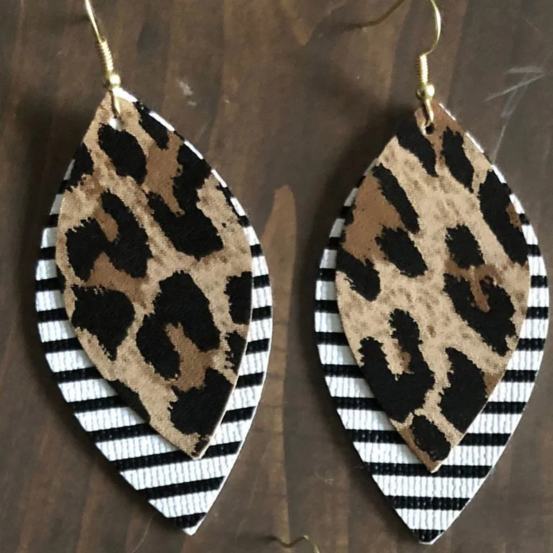 Cheetah Двухслойные блестящие леопардовые серьги из искусственной кожи с каплевидными листьями в черно-белую полоску модные серьги в форме капли воды - Окраска металла: Cheetah