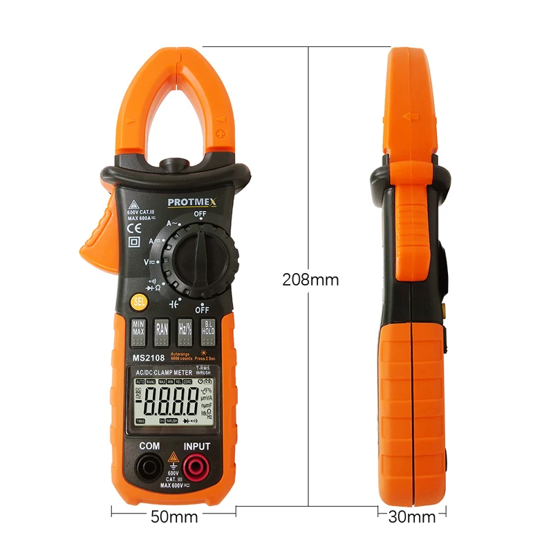 MS2108 6000 отсчетов T-RMS AC/DC токовые клещи пусковой Амперметр Вольтметр capacitorohmmeter Тестер LCD подсветка Электрический тестер