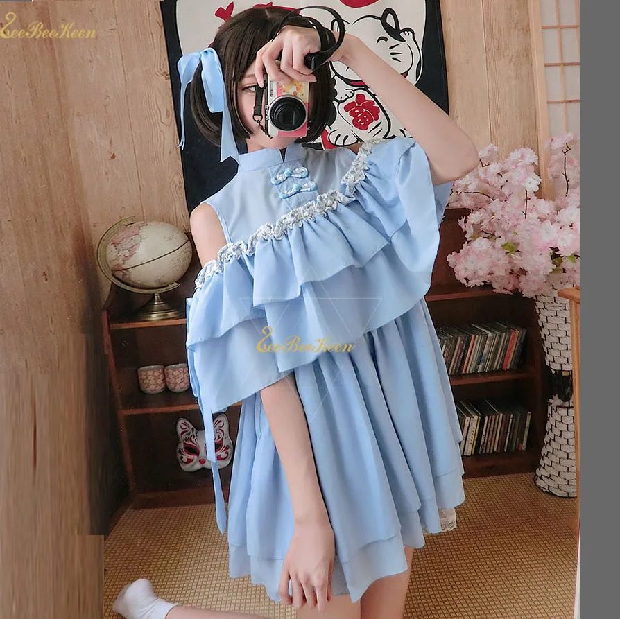 Голубое платье в стиле Лолиты для взрослых Hanfu для женщин, милый китайский костюм для девочек, шифоновая Милая юбка в стиле «лолита» с открытыми плечами в стиле «Хан Тан»