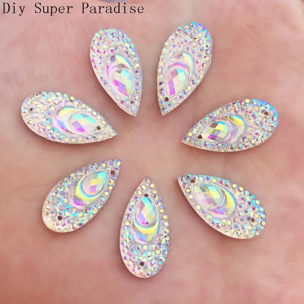 Hot 20pcs 10mm*20mm AB Drop Resin Peacock Eye Flatback Rhinestone Wedding Diy Buttons 2 Hole K83 | Дом и сад