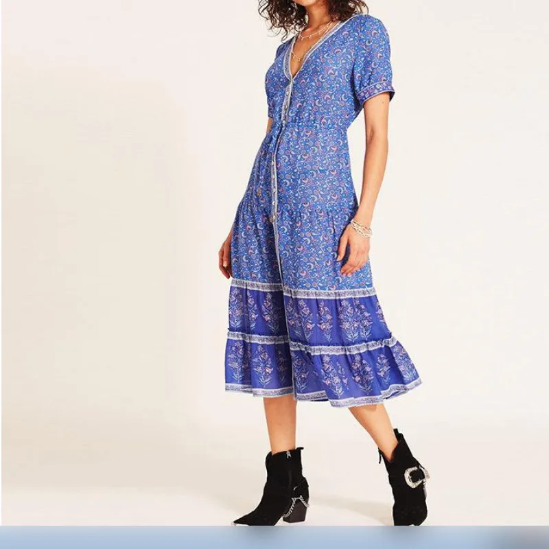 Fashion New Dress Womens Boho Floral Deep V-Neck Short Sleeve Long Evening Party Casual Loose Beach Sundress | Женская одежда