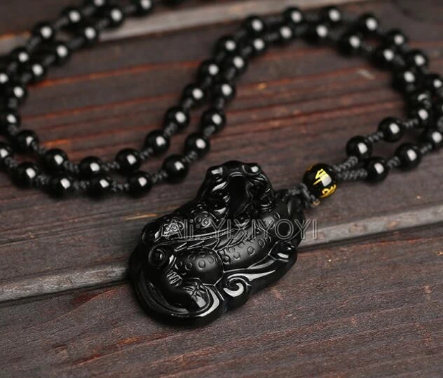 Естественный черный обсидиан вырезанный большой дракон PiXiu счастливая благословенная амулетная подвеска + бесплатное ожерелье модные ювелирные изделия для женщин и мужчин.