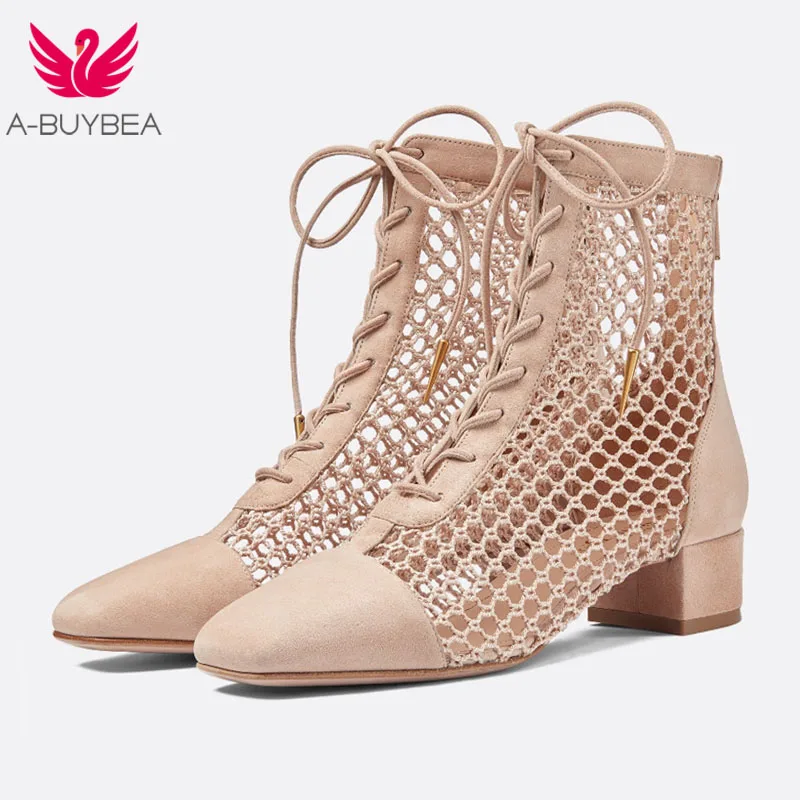 Новинка; женские летние кожаные ботильоны на шнуровке; высокое качество; Zapatos Femme; женская обувь на высоком квадратном каблуке; женские ботинки с перфорацией