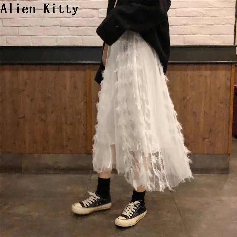 Изящная женская юбка Alien Kitty однотонная кружевная А силуэта с высокой талией на