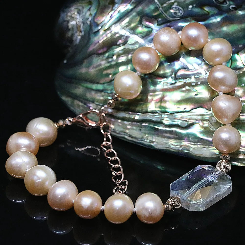 Trendy natural freshwater pearl 9-10mm 4 colors women bracelet crystal beads rose gold-color clasp jewelry B1403 | Украшения и