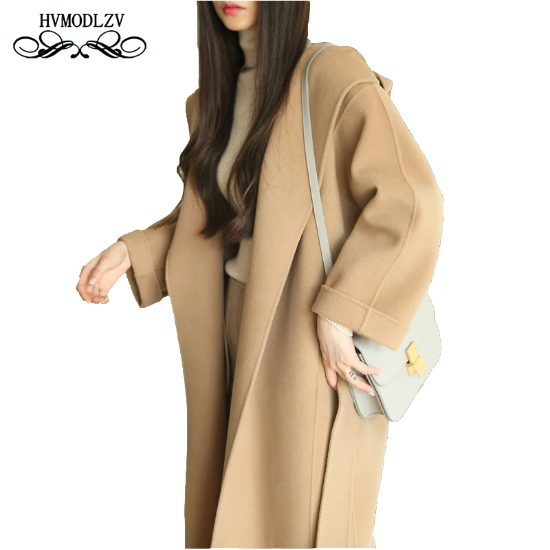 Женское шерстяное пальто с капюшоном двухстороннее длинное больших размеров