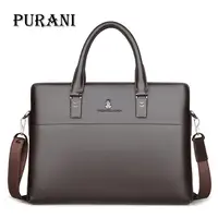 PURANI Natural Leather 100% Genuine Leather Men's Briefcase Business Large Capacity Dress 14" Laptop Bag Black Male Shoulder Bag