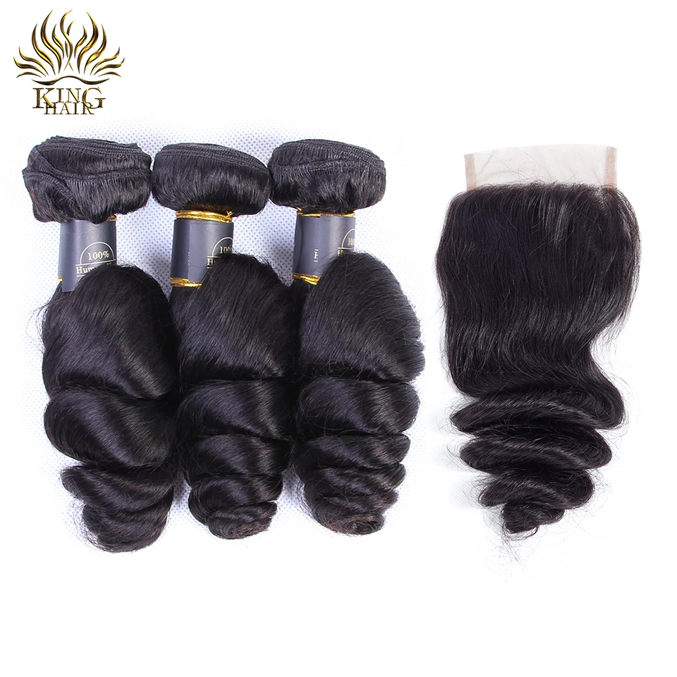 King Loose Wave Bundles With Closure 3 Brazilian Hair Weave 4 Pc Remy extensions Human | Шиньоны и парики
