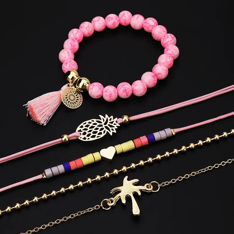 5 шт. богемные браслеты с кокосовым деревом сердцем ананасом набор для женщин