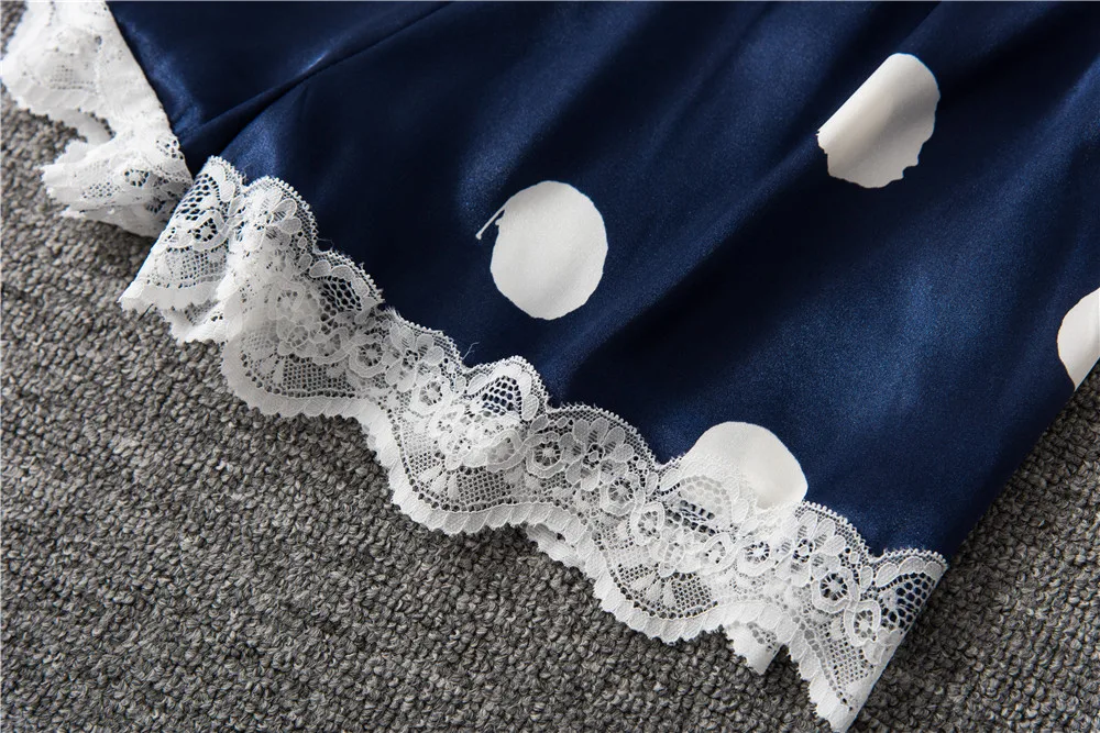 

Herislim Silk Pajama Set Women Fashion Polka Dot Pijamas Sexy Lace Trim Cami And Shorts 2Pcs Pajamas Sleepwear Nighty Home Wear