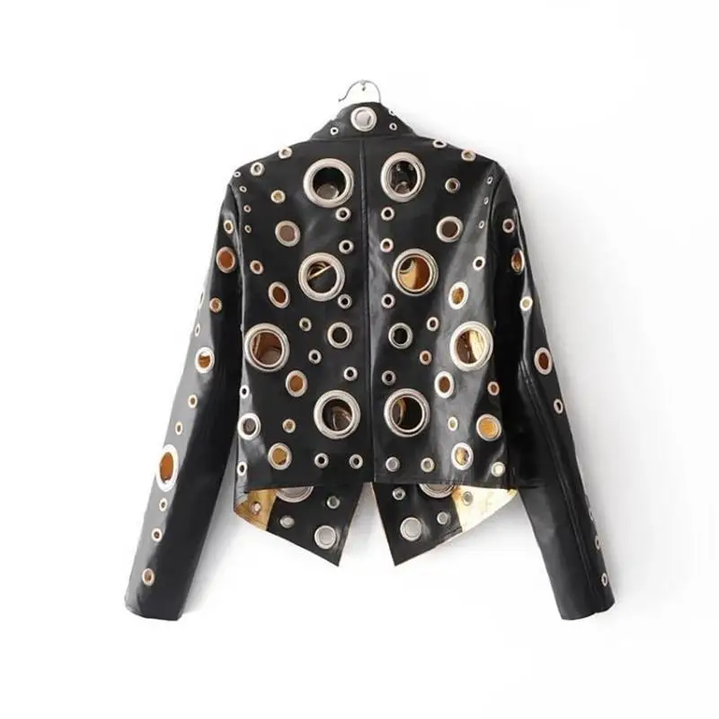 Куртка Женская Весенняя из искусственной кожи с металлическим кольцом|jacket punk|coats