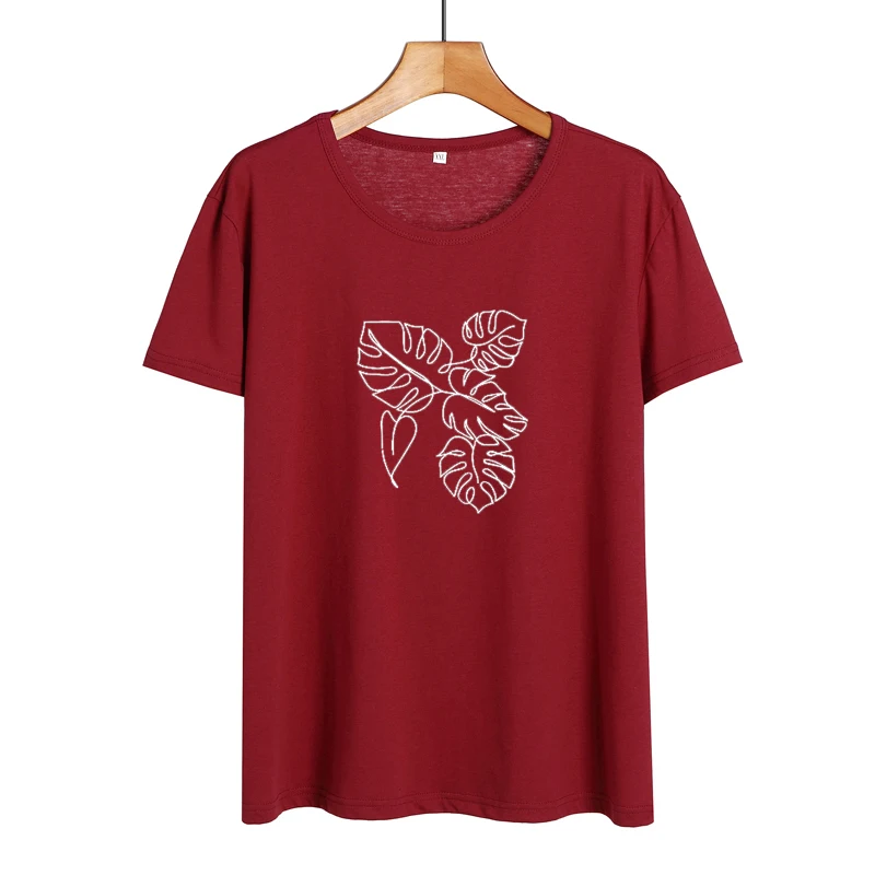 wine red-white Женская футболка с принтом в виде тропических листьев, Tumblr, Harajuku, черная, белая футболка, Femme, графические футболки, женские летние топы - Цвет: wine red-white