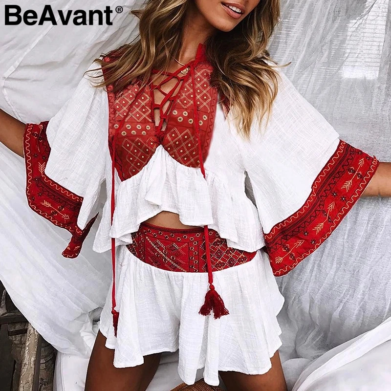 BeAvant двух частей кисточкой Вышивка playsuit Ползунки кружева выдалбливают
