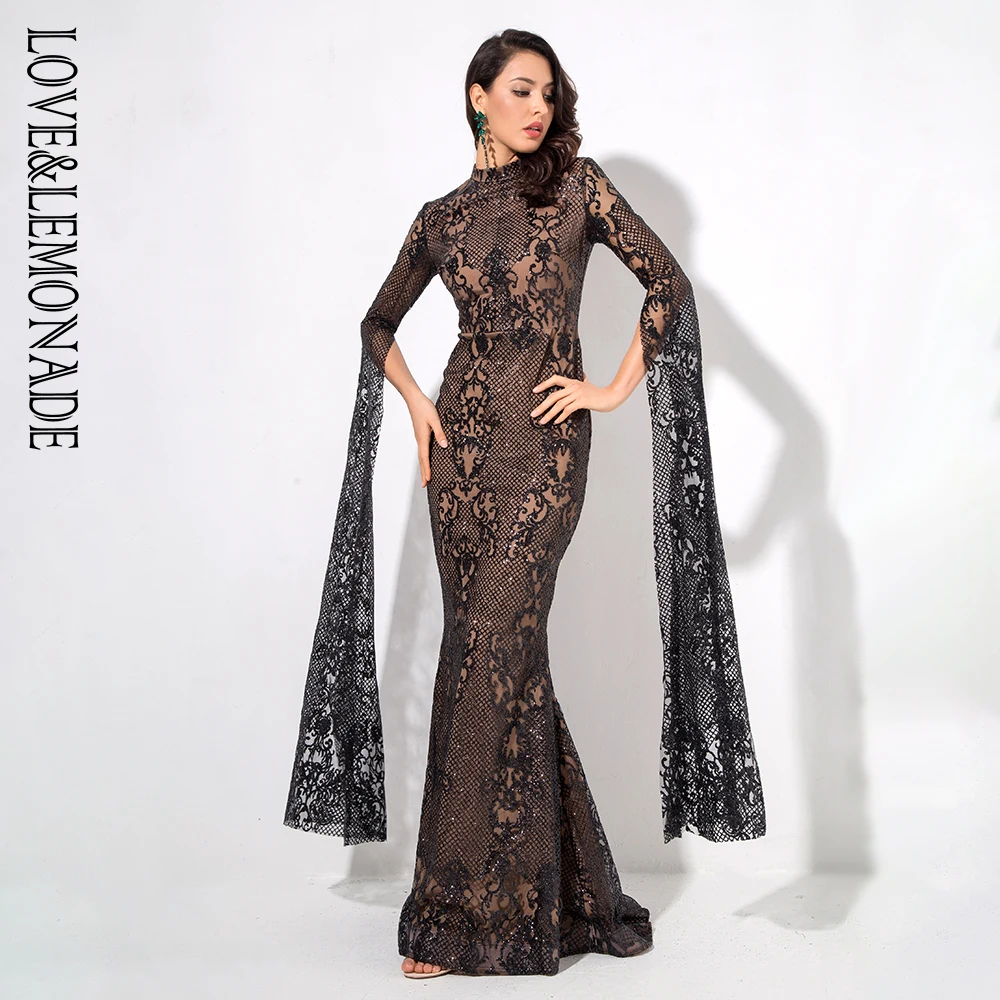 LOVE & LEMONADE черное облегающее длинное платье с геометрическим воротником и