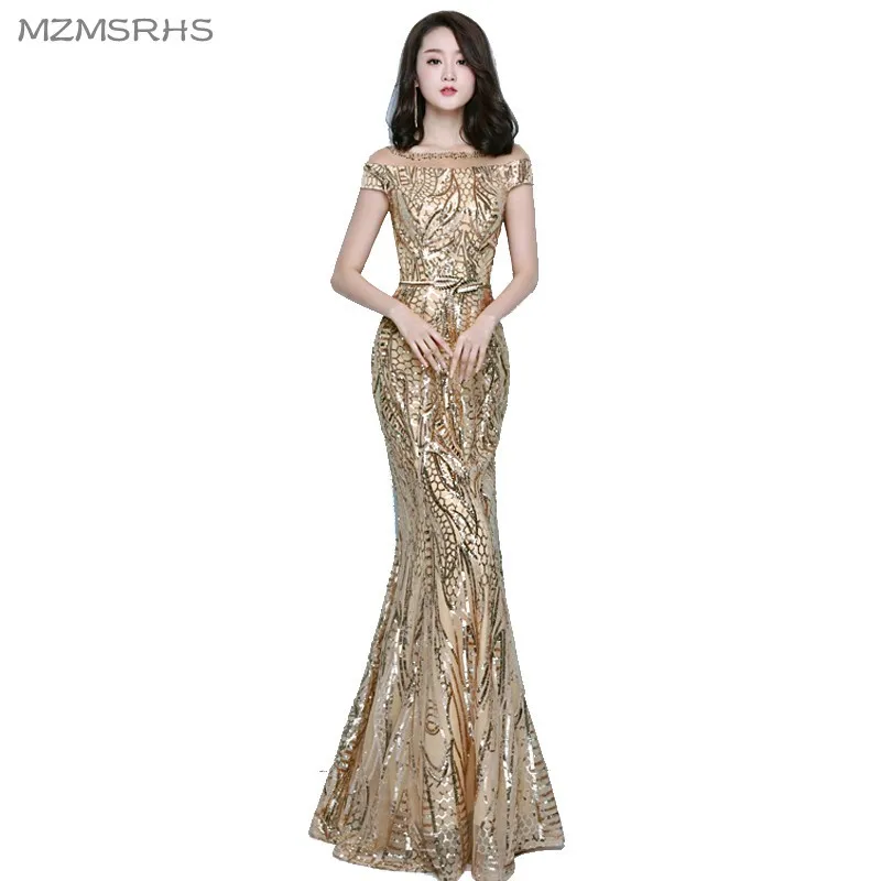 

MZMSRHS женское вечернее платье, облегающее золотистое платье русалки с круглым вырезом, Модные Вечерние Платья с коротким рукавом для выпускн...