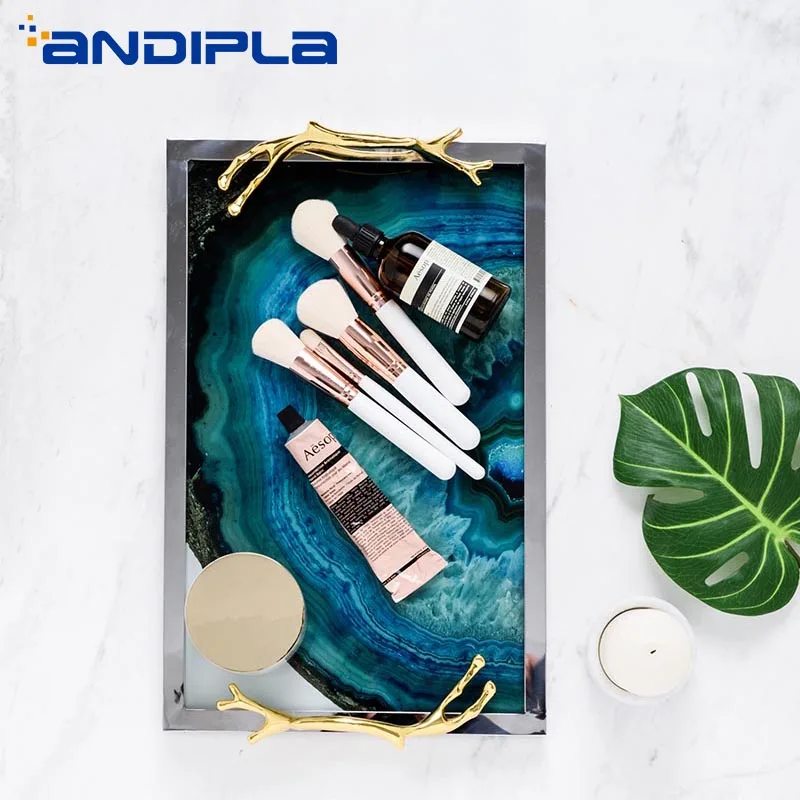 Bandeja de Exibição Nordic Luxo Azul Ágata Padrão Jóias Prato Armazenamento Aço Inoxidável Placa Lateral Casa Sala Estar Decoração Artesanato