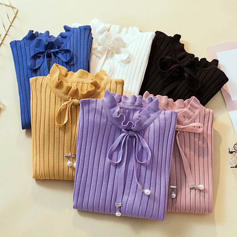 2019 Autumn Winter Women Sweater and Pullovers Casual Knitted Sweaters Slim Long Sleeve Ruffle Jumper Pull Femme Clothing M80 | Женская