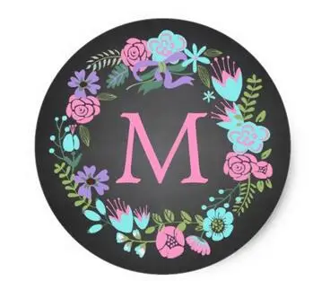 

1.5inch CHALKBOARD FLORAL WREATH MONOGRAM LABELS CLASSIC ROUND STICKER