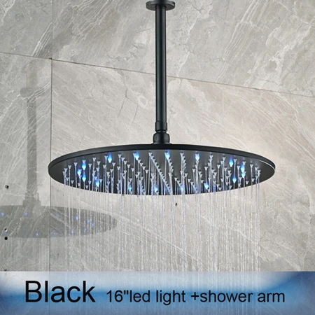 Black 16 inch Матовый Никель 16 дюймов насадка для душа со светодиодной подсветкой насадки для душа осадков Круглый Большой Лейка для душа из АБС с латунный душевой держатель - Цвет: Black 16 inch