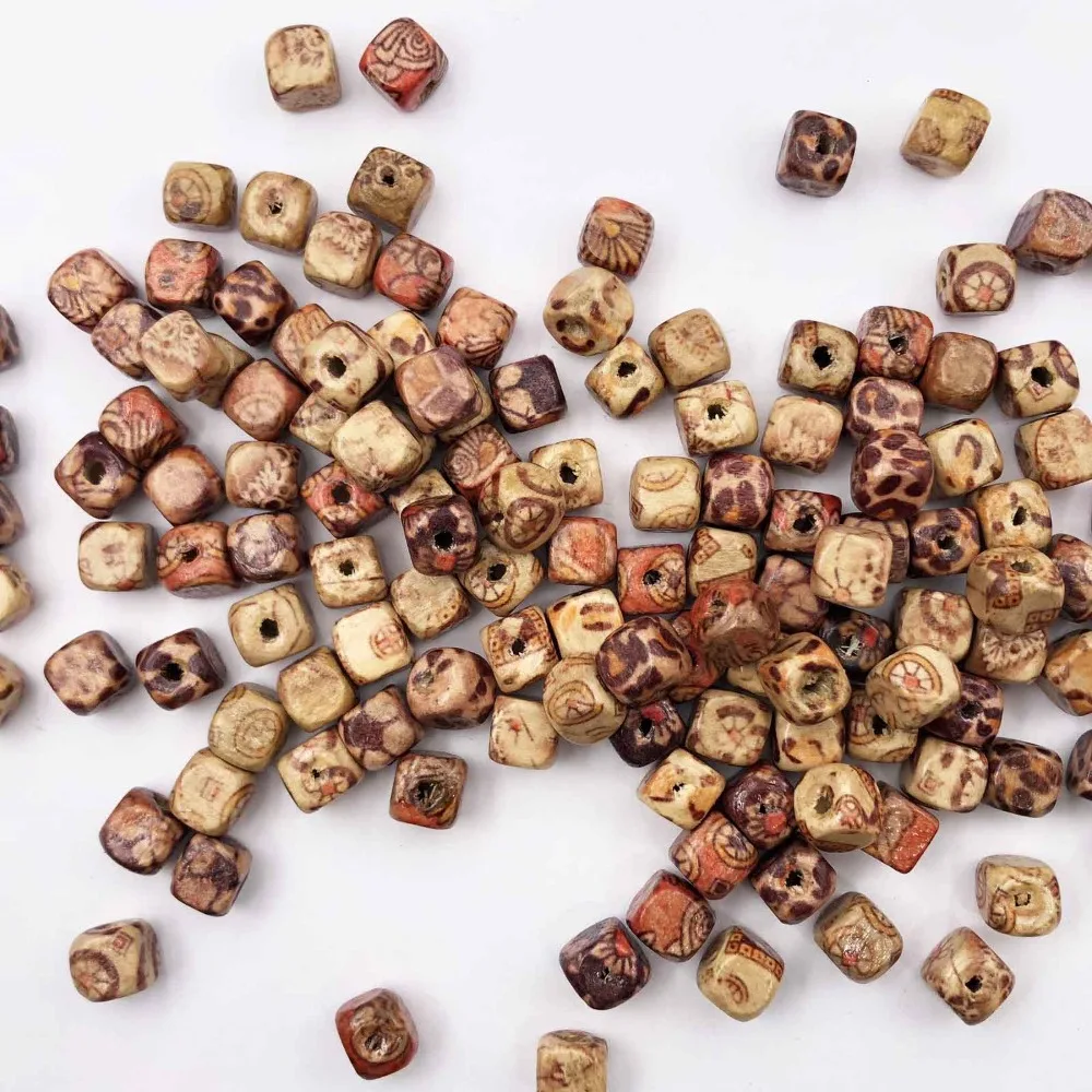 100pcs 8X8mm square mixed Printed Wooden Beads for Macrame Charms Crafts Making Hole2mm For Bracelet necklace Jewelry | Украшения и
