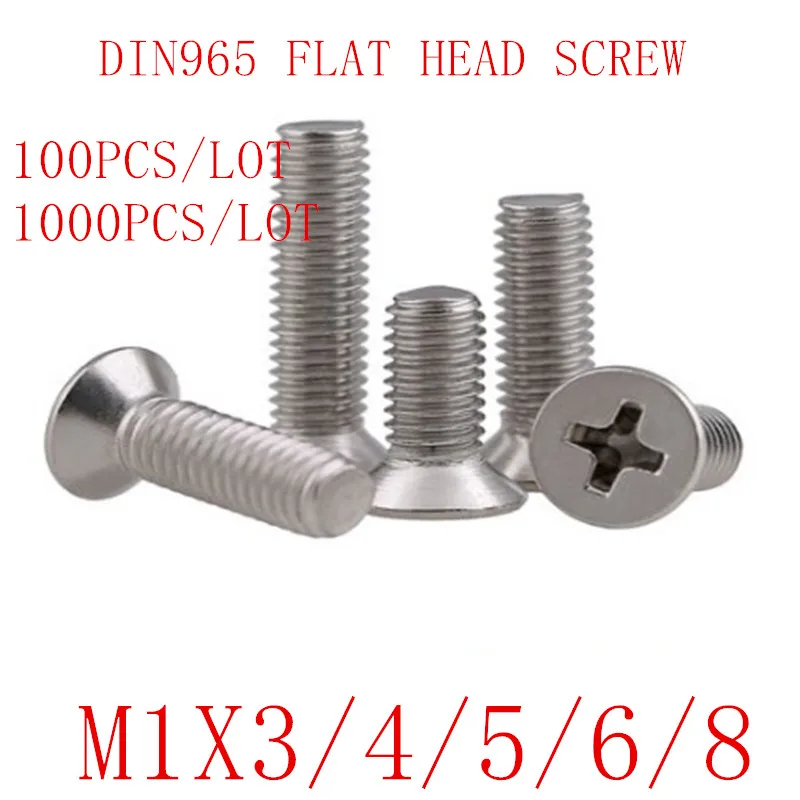 100 1000 шт. M1 * 3/4/5/6/8 DIN965 GB819 304 нержавеющая сталь плоская головка потайные винты