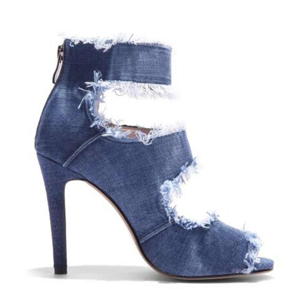 Женские брендовые модные джинсовые ботильоны с открытым носком босоножки на