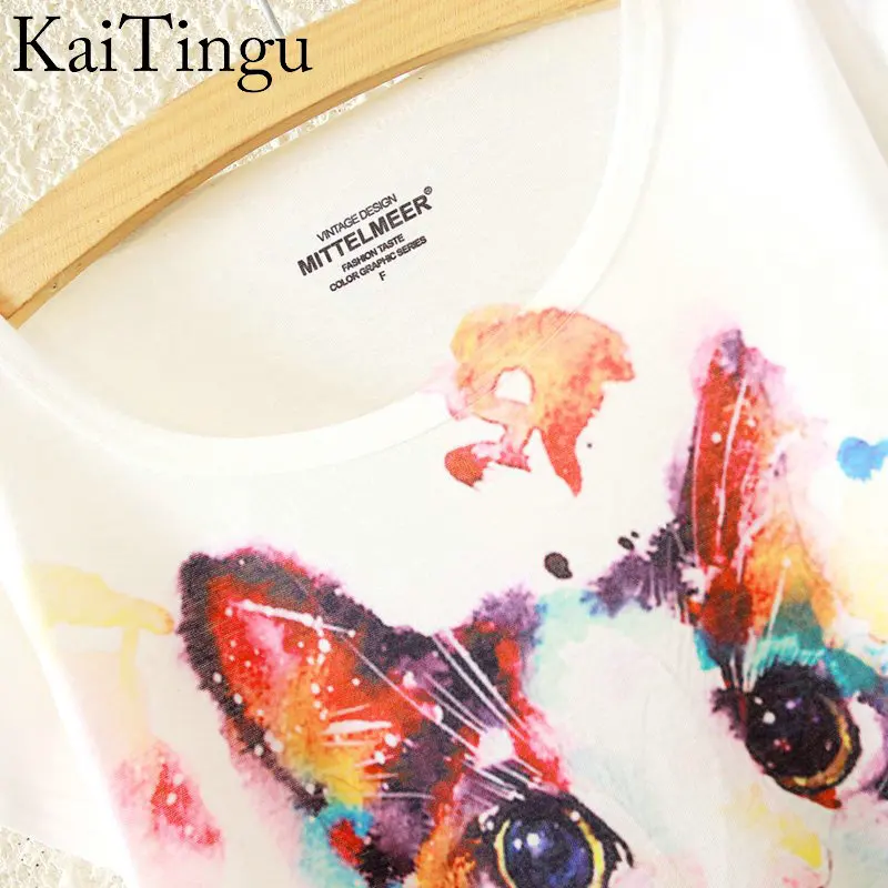 KaiTingu 2019 Brand New Fashion Summer Harajuku Animal Cat Print Shirt O-Neck Short Sleeve T Women Tops White T-shirt | Женская одежда