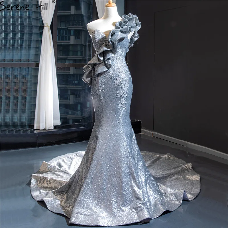 Серебристо серый блестящий дизайн юбки годе на одно плечо Свадебные платья 2020