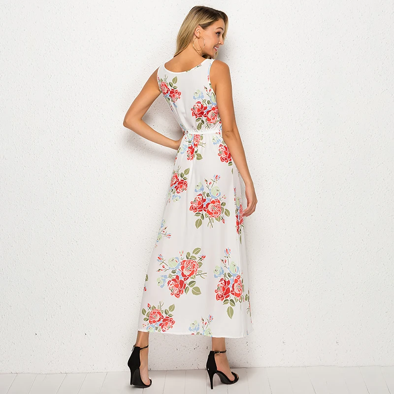 Женское платье туника с цветочным принтом Boho летнее пляжное без рукавов круглым