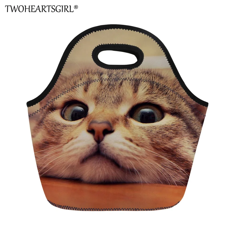 

TWOHEARTSGIRL Cute Cat Printing Kids Lunch Bag Small Thermal Insulated Picnic Tote Food Bag Neoprene Thermo Girls Lunchbag