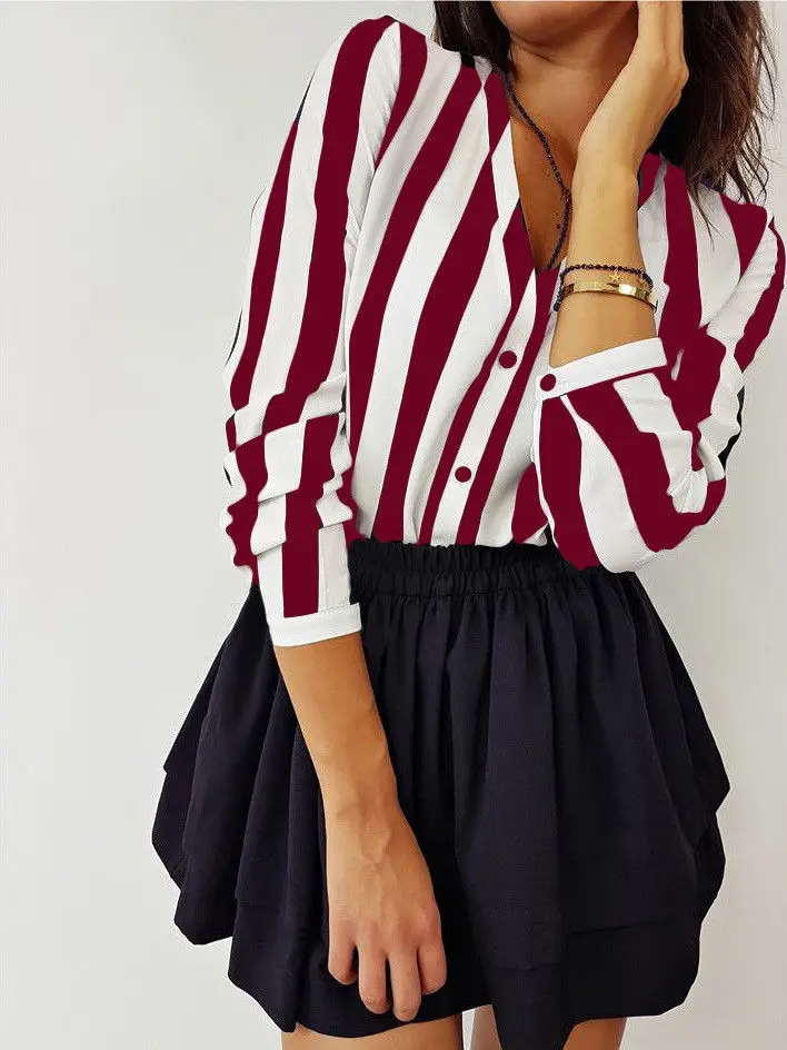 

MeiHuiDa 2018 New Style Fashion Women V Neck Long Sleeve Stripes Career Loose Slim Button Plus Blouse