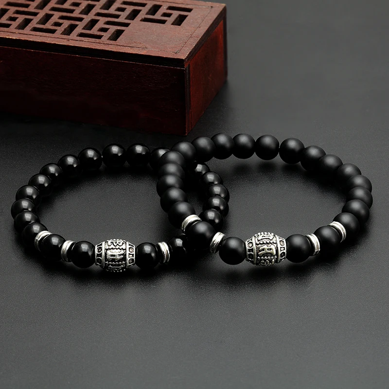 LIVVY Natural Stone Bracelet Men's Jewelry Black Six-word Mantra Beads Elastic Lucky Lady AS894 | Украшения и аксессуары