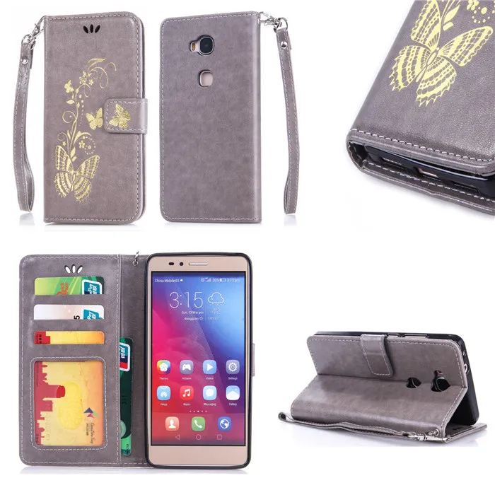 Wallet Case For Huawei Honor 5X Gild Butterfly Embossed PU Flip Leather Cover Phone With Stand |