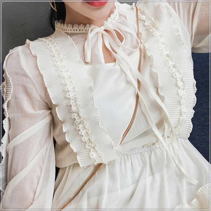 

High Quality Chiffon Long Dress 2019 New fashion Spring Long Sleeve Ruffles Elastic waist Holiday dresses Vestidos